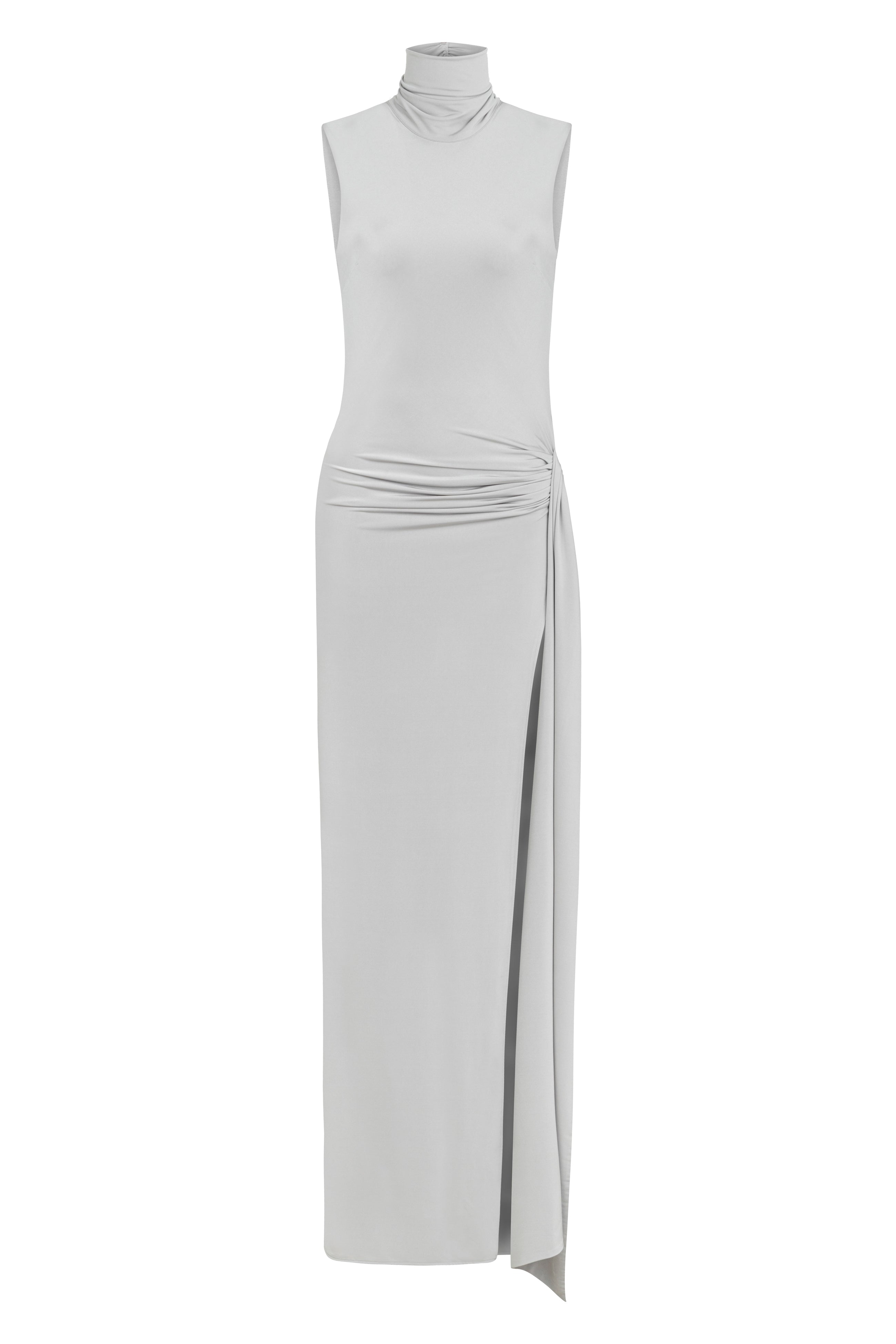 İnci yüksek yaka kolsuz drapeli yırtmaçlı maxi elbise