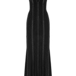 Siyah agraflı derin V yaka çift yırtmaçlı maxi elbise