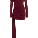 Bordo tek omuz uzun kollu drapeli mini elbise