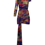 Desenli tek omuz tek kol detaylı drapeli mini elbise