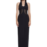 Khela boyundan bağlamalı tül detaylı siyah maksi elbise