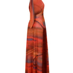 Turuncu halter yaka derin yırtmaçlı tül elbise