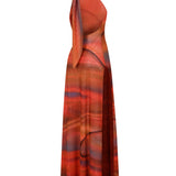 Turuncu halter yaka derin yırtmaçlı tül elbise