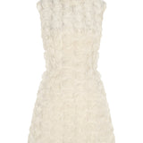 Ekru mandarin yaka 3D çiçekli detaylı a kesim mini elbise