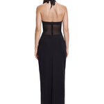 Khela boyundan bağlamalı tül detaylı siyah maksi elbise