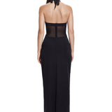 Khela boyundan bağlamalı tül detaylı siyah maksi elbise