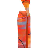 Sunset desen asimetrik kesim düğüm detaylı derin yırtmaçlı plaj elbisesi