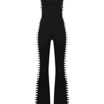 Siyah ayarlanabilir kemer detaylı flared tulum