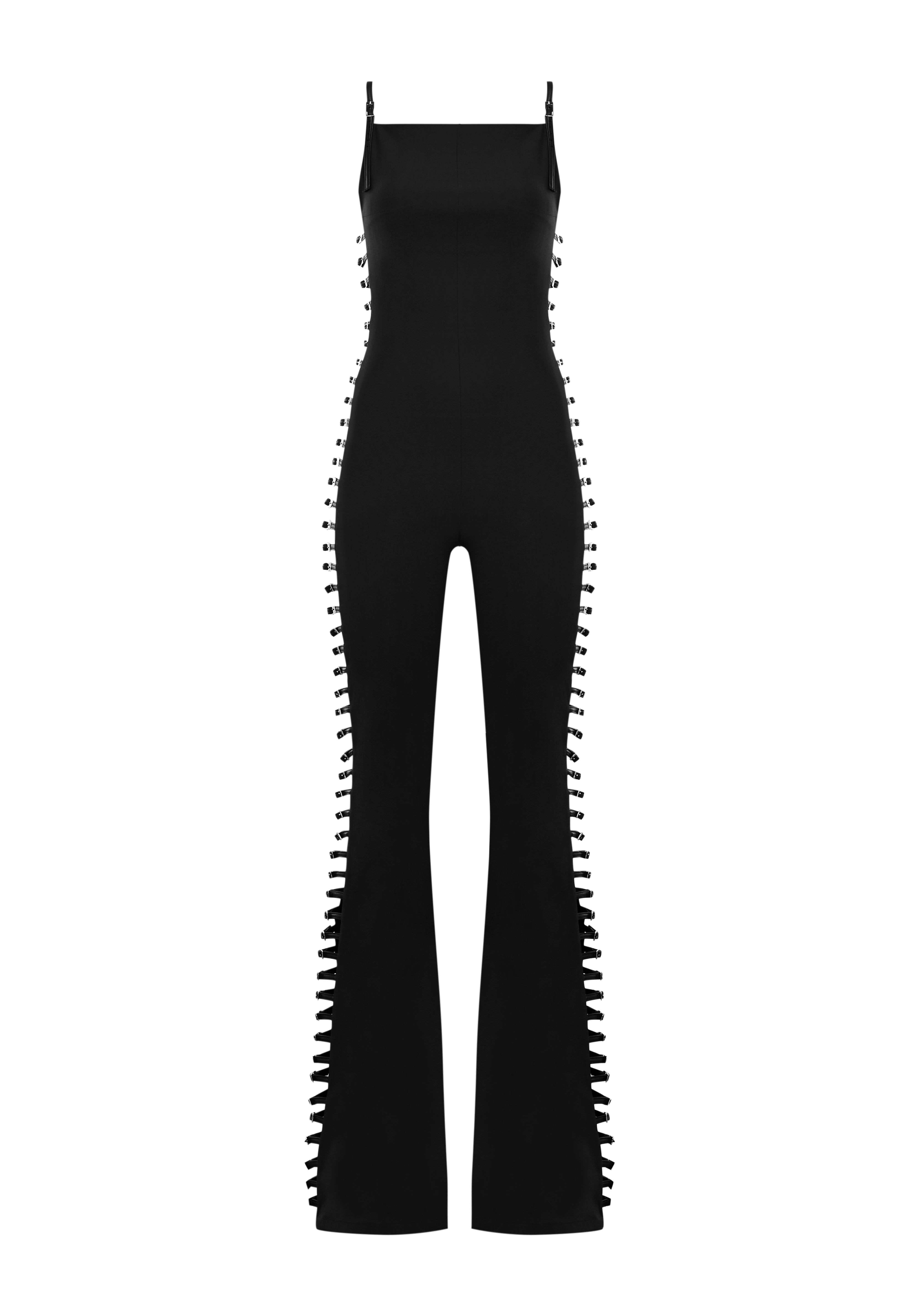 Siyah ayarlanabilir kemer detaylı flared tulum