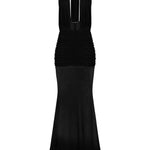 Siyah tül kumaş büzgü detaylı göğüs dekolteli transparan maksi elbise