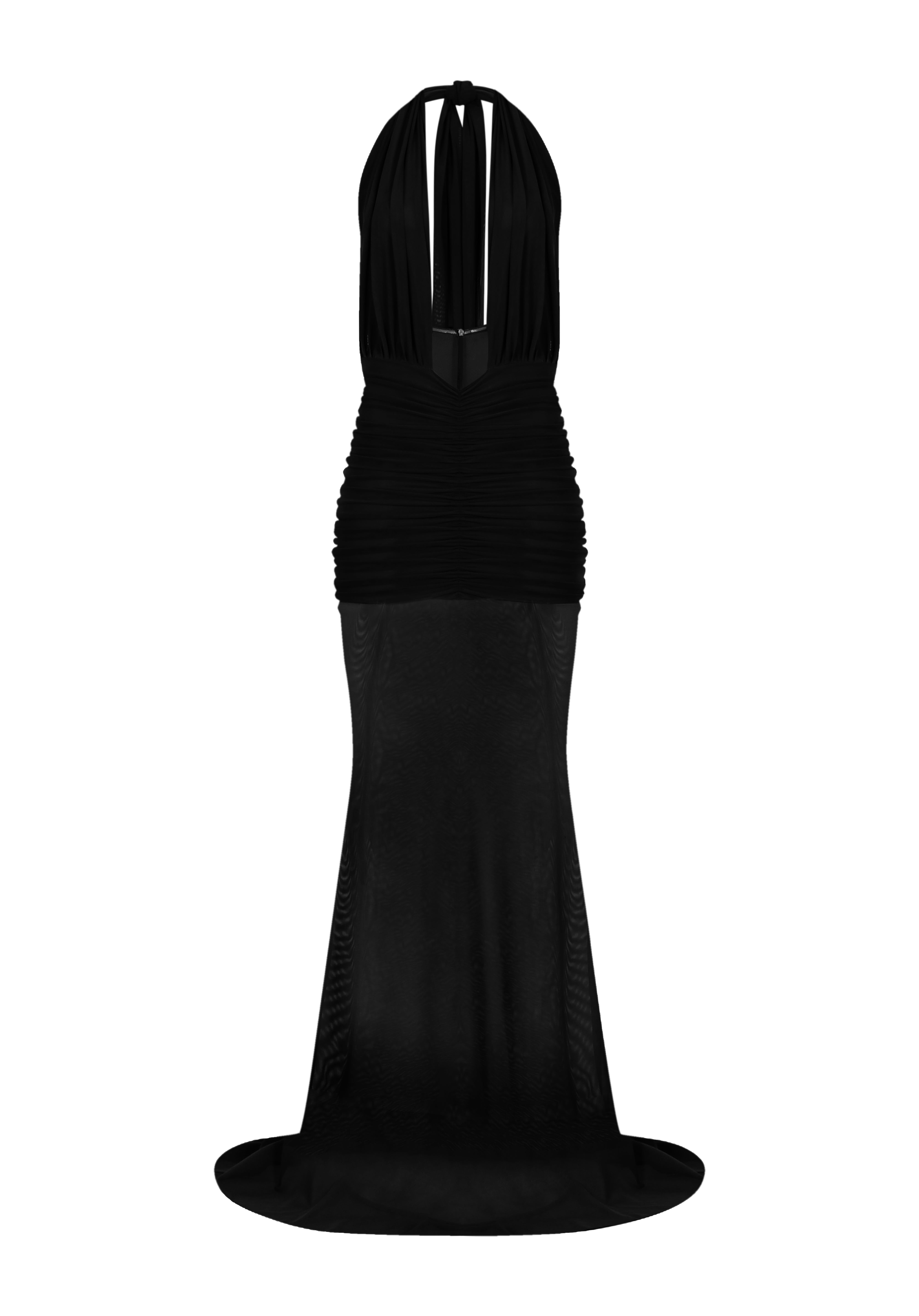 Siyah tül kumaş büzgü detaylı göğüs dekolteli transparan maksi elbise