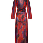 Çiçek desenli şifon uzun kollu bağlamalı maksi plaj elbisesi