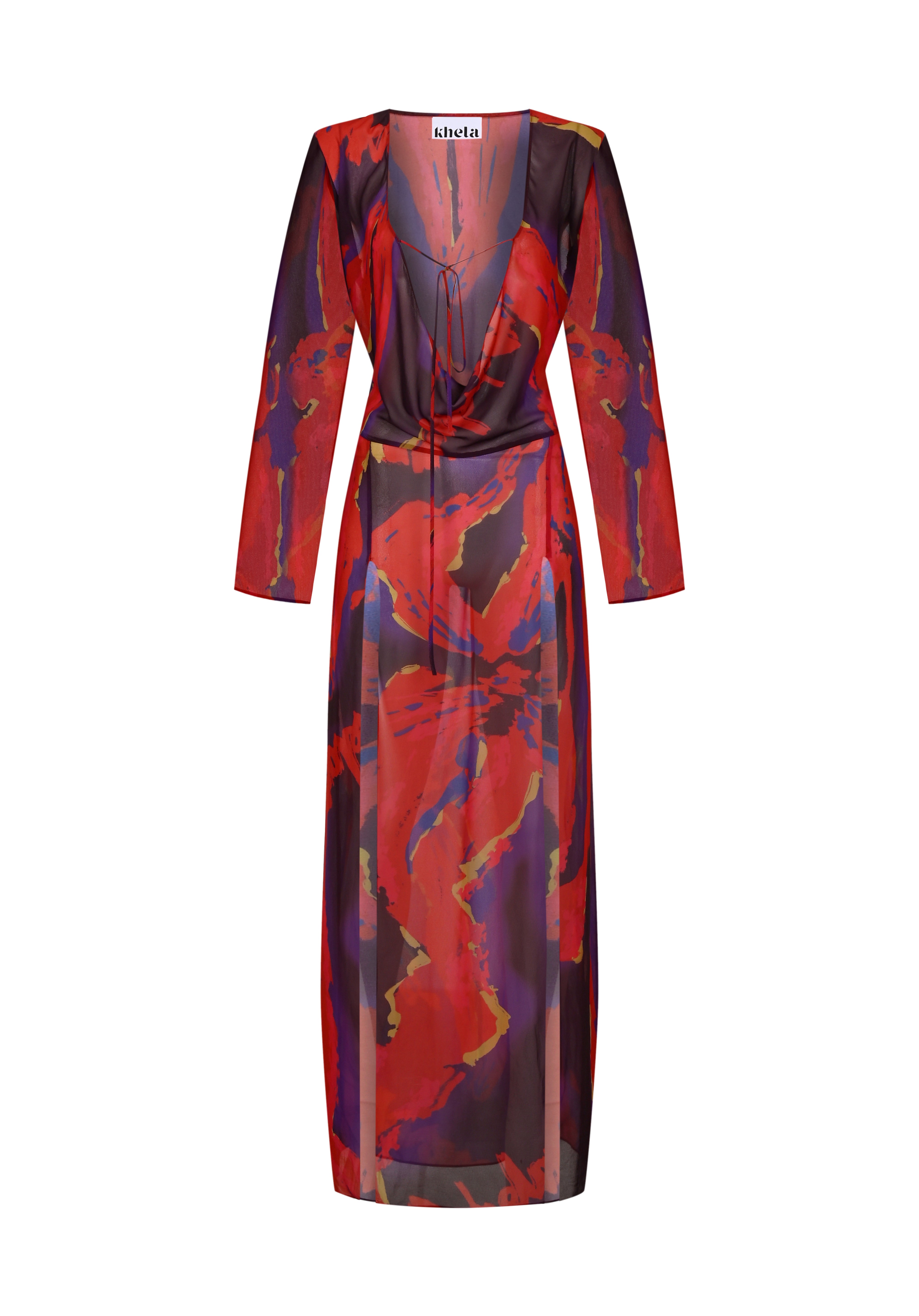 Çiçek desenli şifon uzun kollu bağlamalı maksi plaj elbisesi