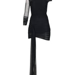 Desenli tek omuz tek kol detaylı drapeli mini elbise