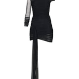 Desenli tek omuz tek kol detaylı drapeli mini elbise