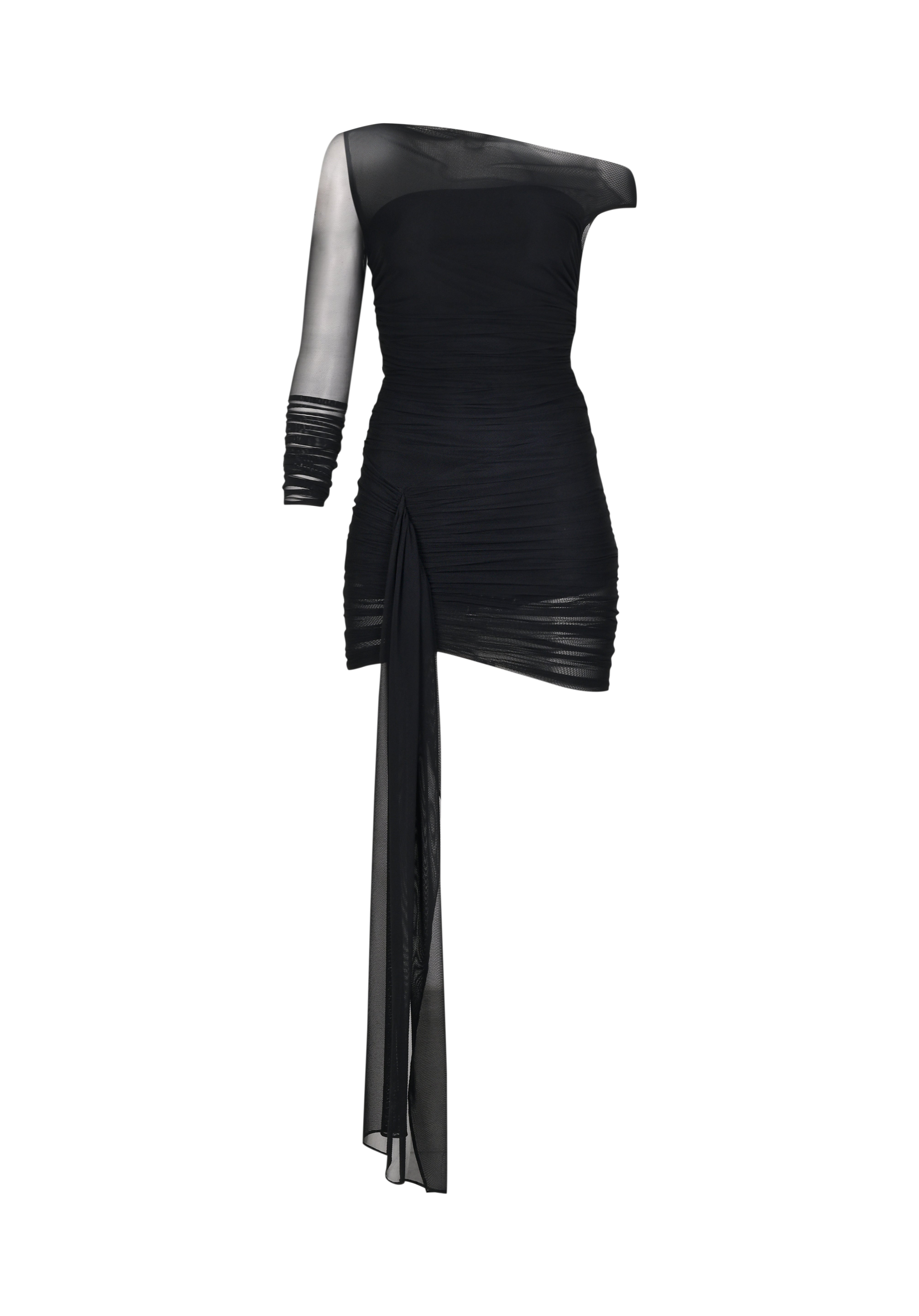 Desenli tek omuz tek kol detaylı drapeli mini elbise