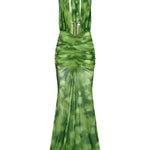 Yeşil tül kumaş büzgü detaylı göğüs dekolteli transparan maksi elbise