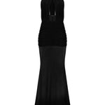 Siyah tül kumaş büzgü detaylı göğüs dekolteli transparan maksi elbise