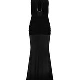 Siyah tül kumaş büzgü detaylı göğüs dekolteli transparan maksi elbise