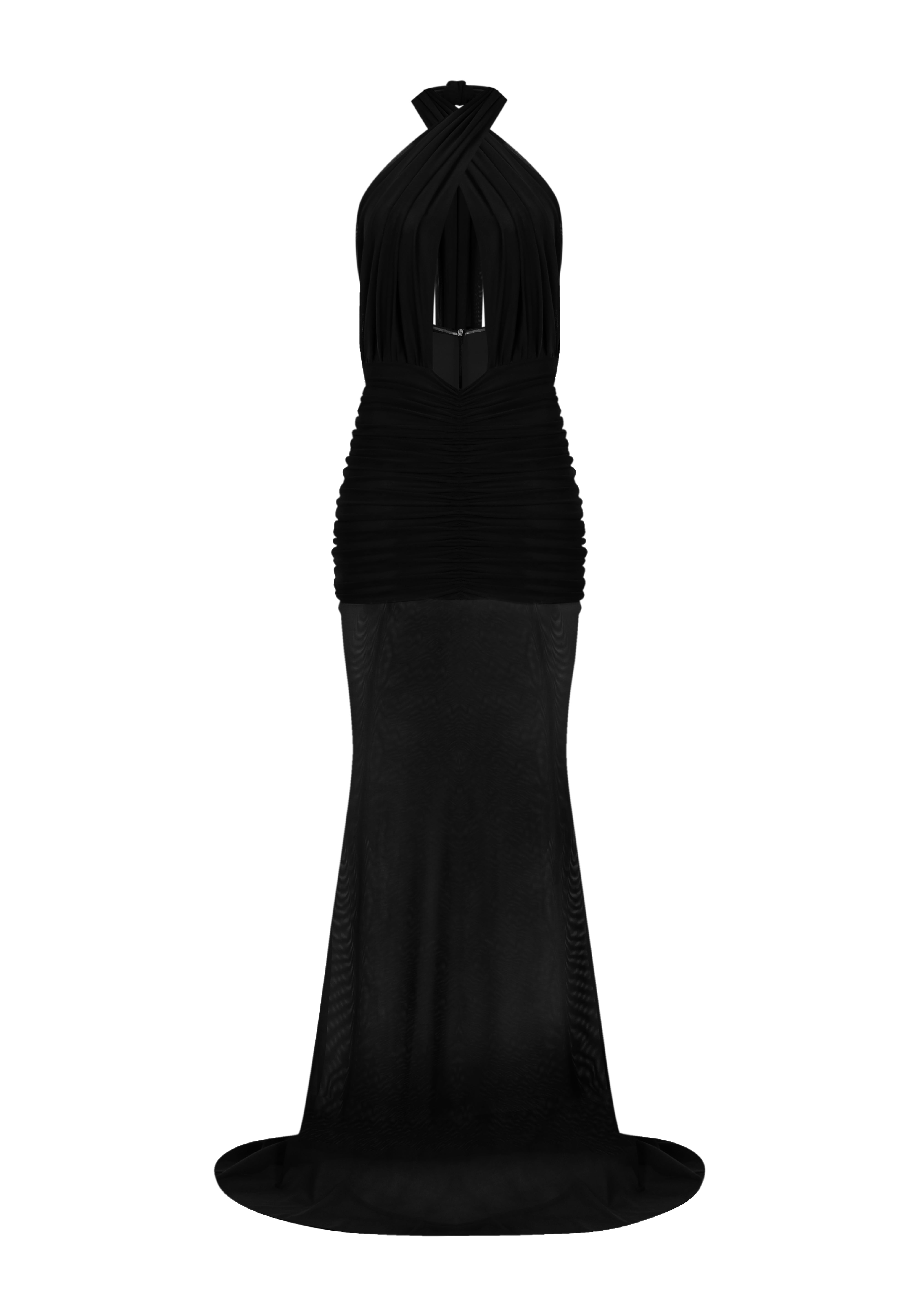 Siyah tül kumaş büzgü detaylı göğüs dekolteli transparan maksi elbise