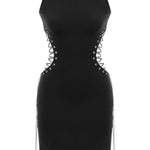 Khela siyah kolsuz bel dekolteli bağlama detaylı mini elbise