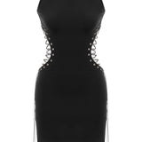 Khela siyah kolsuz bel dekolteli bağlama detaylı mini elbise