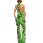 Yeşil tül kumaş büzgü detaylı göğüs dekolteli transparan maksi elbise