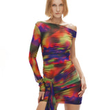 Desenli tek omuz tek kol detaylı drapeli mini elbise