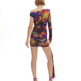 Desenli tek omuz tek kol detaylı drapeli mini elbise