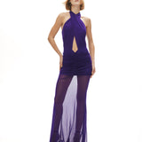 Mor tül kumaş büzgü detaylı göğüs dekolteli transparan maksi elbise