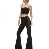 Siyah esnek örme kumaş tül büzgü detaylı ispanyol paça pantolon