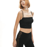 Siyah esnek örme kumaş tül büzgü detaylı ispanyol paça pantolon