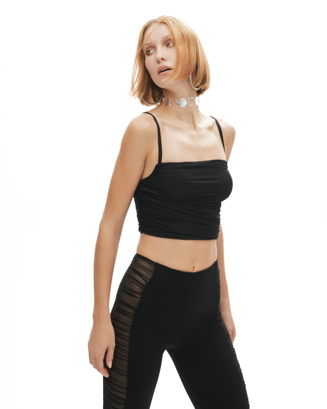 Siyah esnek örme kumaş tül büzgü detaylı ispanyol paça pantolon