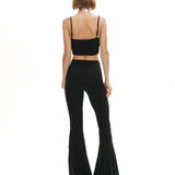 Siyah esnek örme kumaş tül büzgü detaylı ispanyol paça pantolon