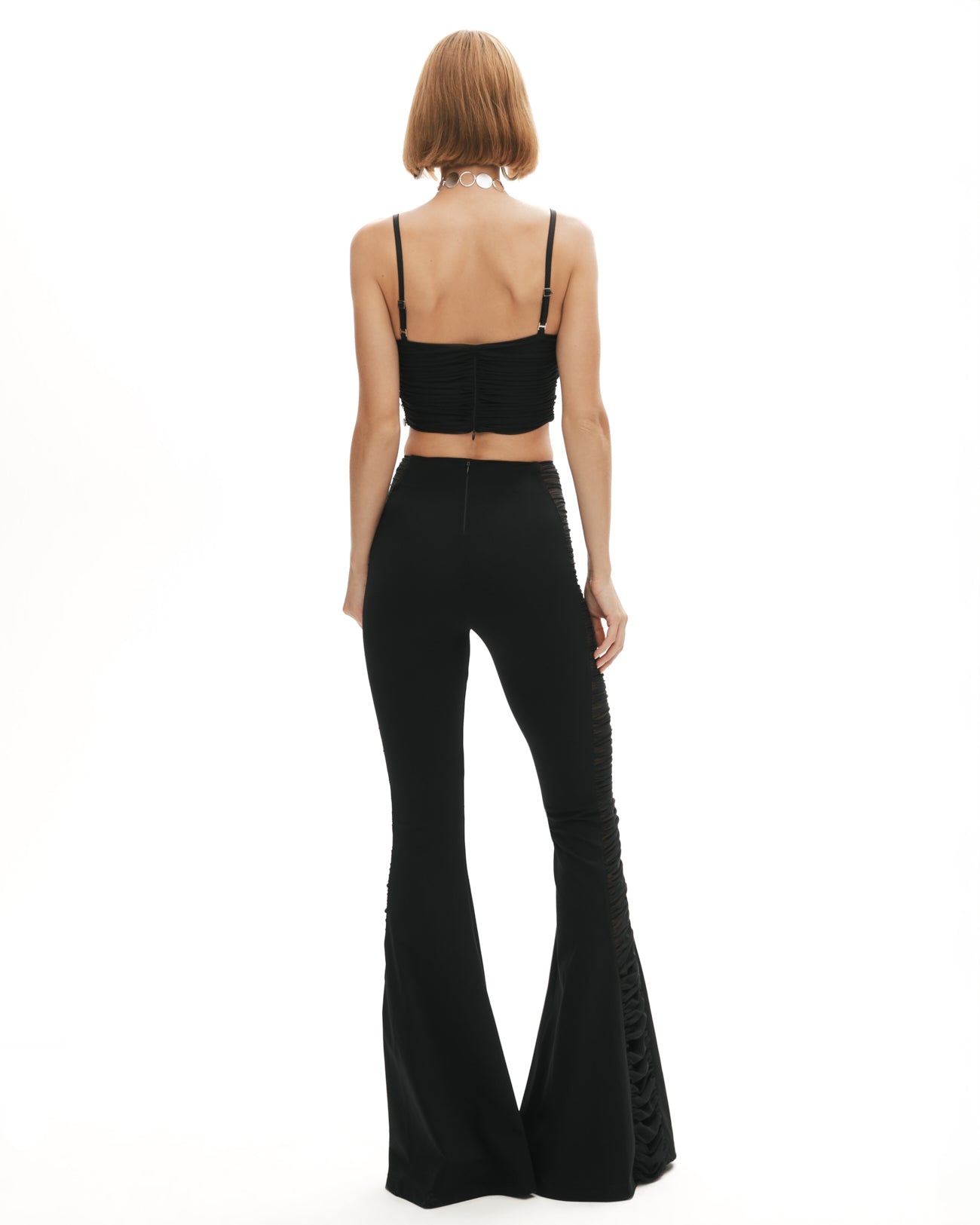 Siyah esnek örme kumaş tül büzgü detaylı ispanyol paça pantolon