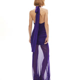 Mor tül kumaş büzgü detaylı göğüs dekolteli transparan maksi elbise