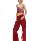 Bordo metal düğmeli yırtmaçlı bol pantolon