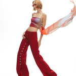 Bordo metal düğmeli yırtmaçlı bol pantolon