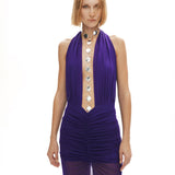 Mor tül kumaş büzgü detaylı göğüs dekolteli transparan maksi elbise