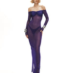 Mor kayık yaka transparan çıkarılabilir etekli allerli elbise