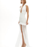 Beyaz çıkarılabilir tül detaylı drapeli mini elbise