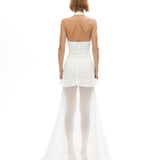 Beyaz çıkarılabilir tül detaylı drapeli mini elbise