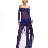 Mor kayık yaka transparan çıkarılabilir etekli allerli elbise