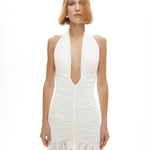 Beyaz çıkarılabilir tül detaylı drapeli mini elbise