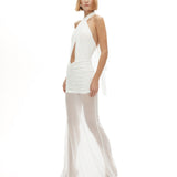 Beyaz tül kumaş büzgü detaylı göğüs dekolteli transparan maksi elbise