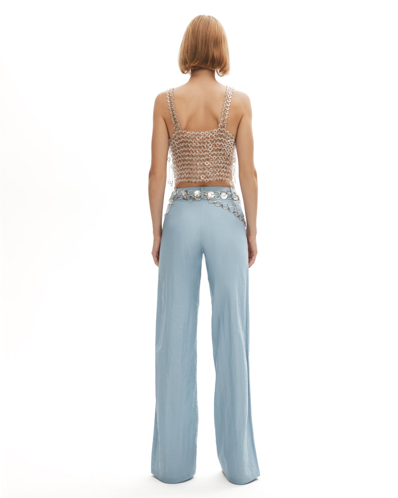 Mavi metal düğmeli yırtmaçlı bol pantolon