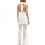 Beyaz tül kumaş büzgü detaylı göğüs dekolteli transparan maksi elbise