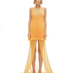 Turuncu çıkarılabilir tül detaylı drapeli mini elbise