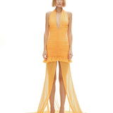 Turuncu çıkarılabilir tül detaylı drapeli mini elbise