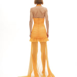 Turuncu çıkarılabilir tül detaylı drapeli mini elbise